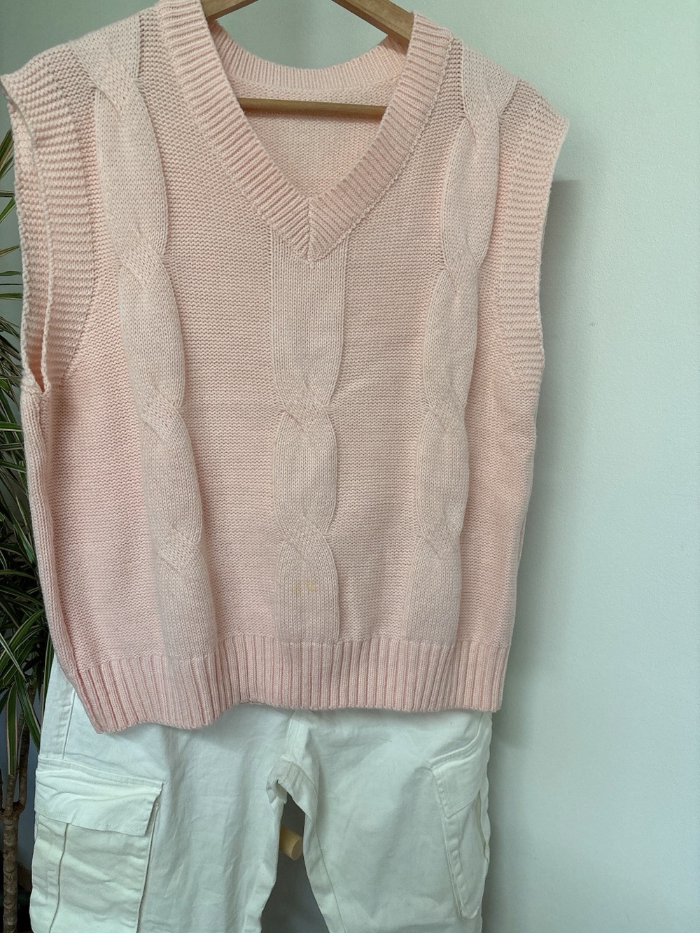 Cable Knit V-Neck Sweater Vest - Light Pink